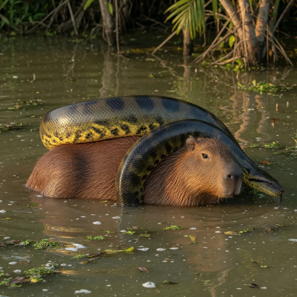 An adult green anaconda constricting a capybara in Amazon floodplain water