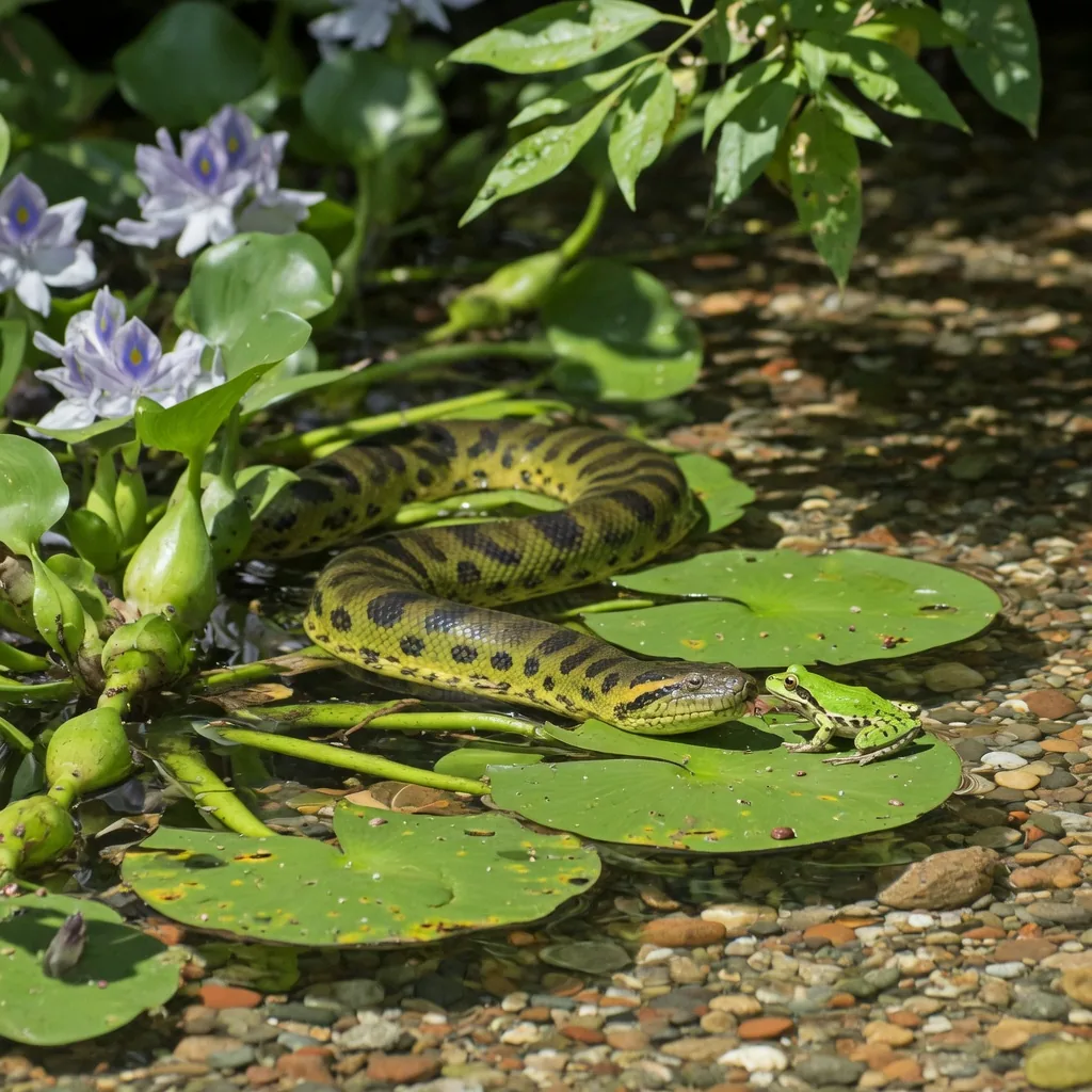 A young green anaconda hunting a frog in a shallow tropical creek