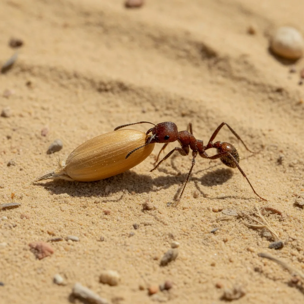 A harvester ant carrying a single seed across sandy desert soil in bright sunlight.