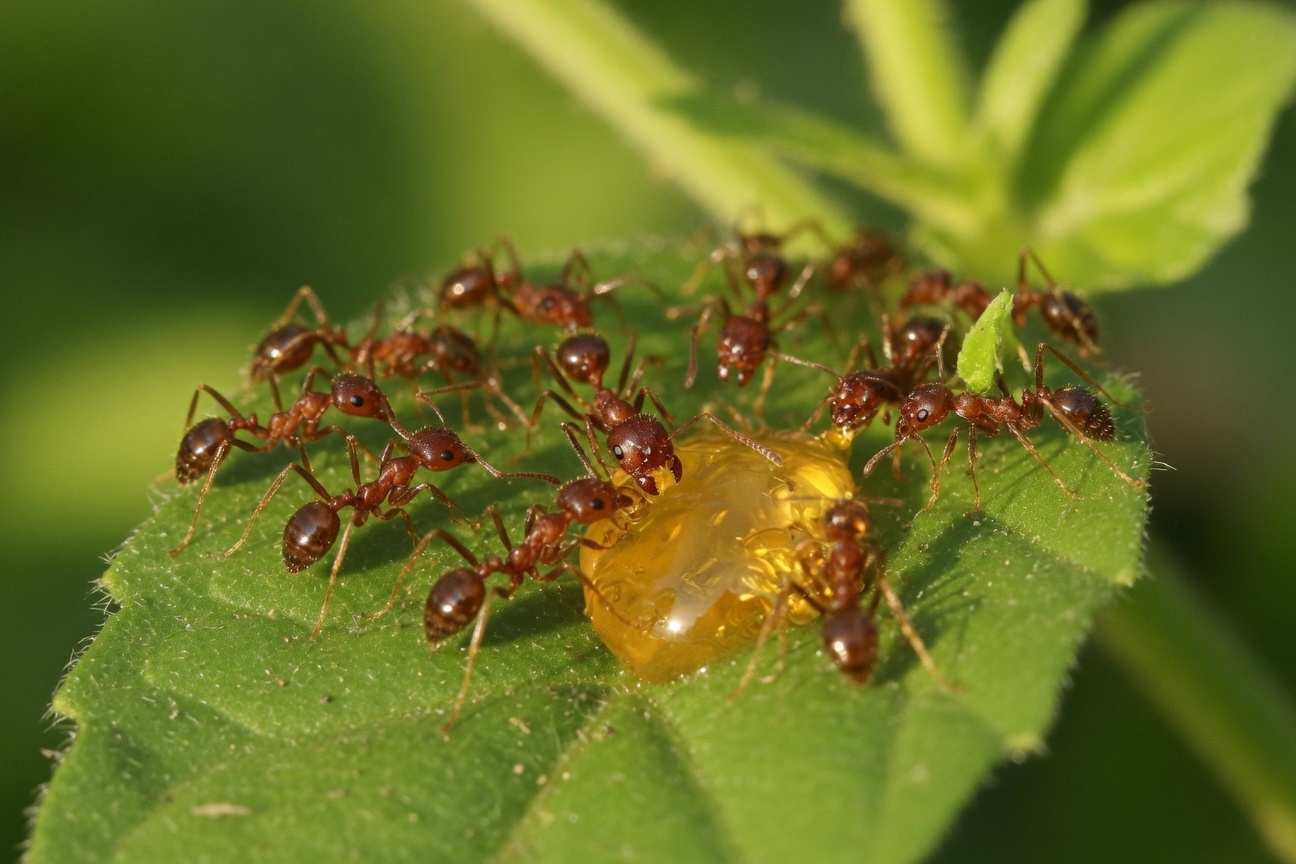 Red ants cluster around a drop of yellow liquid on a green leaf.