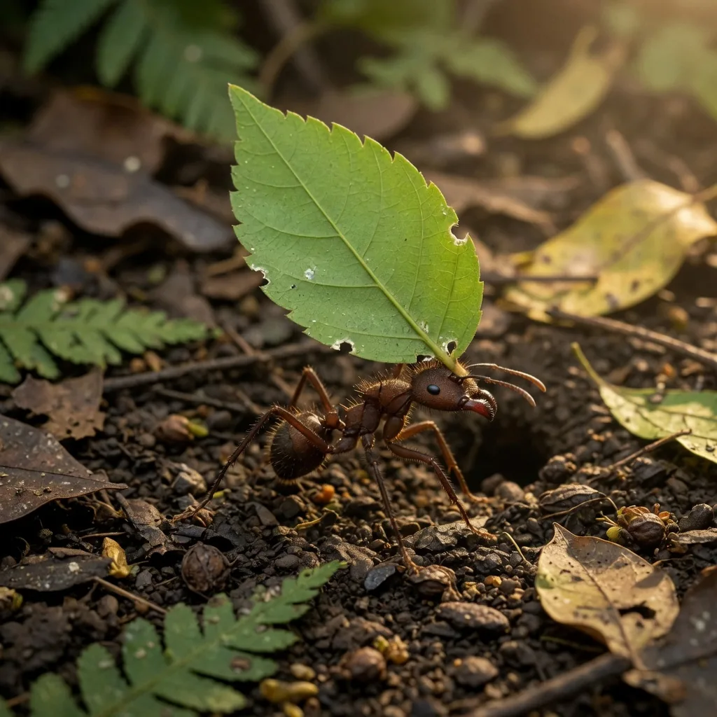 A leaf-cutter ant carrying a large green leaf fragment back to its underground nest in a tropical rainforest.