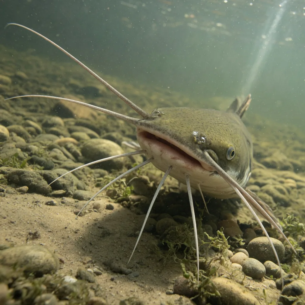 Close-up of catfish barbels, the antenna-shaped sensory whiskers near its mouth