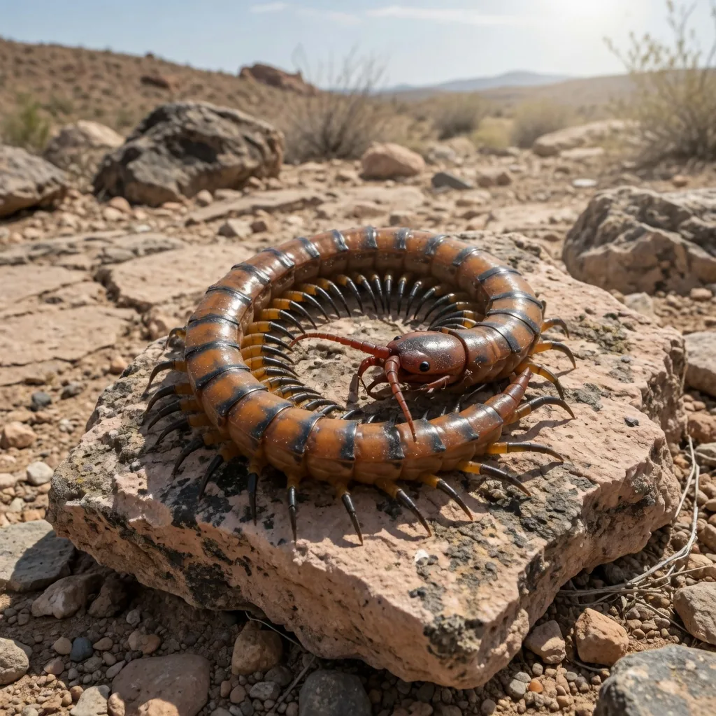 A giant desert centipede (Scolopendra heros) coiled on a rock, its rusty-orange body and venomous forcipules clearly visible