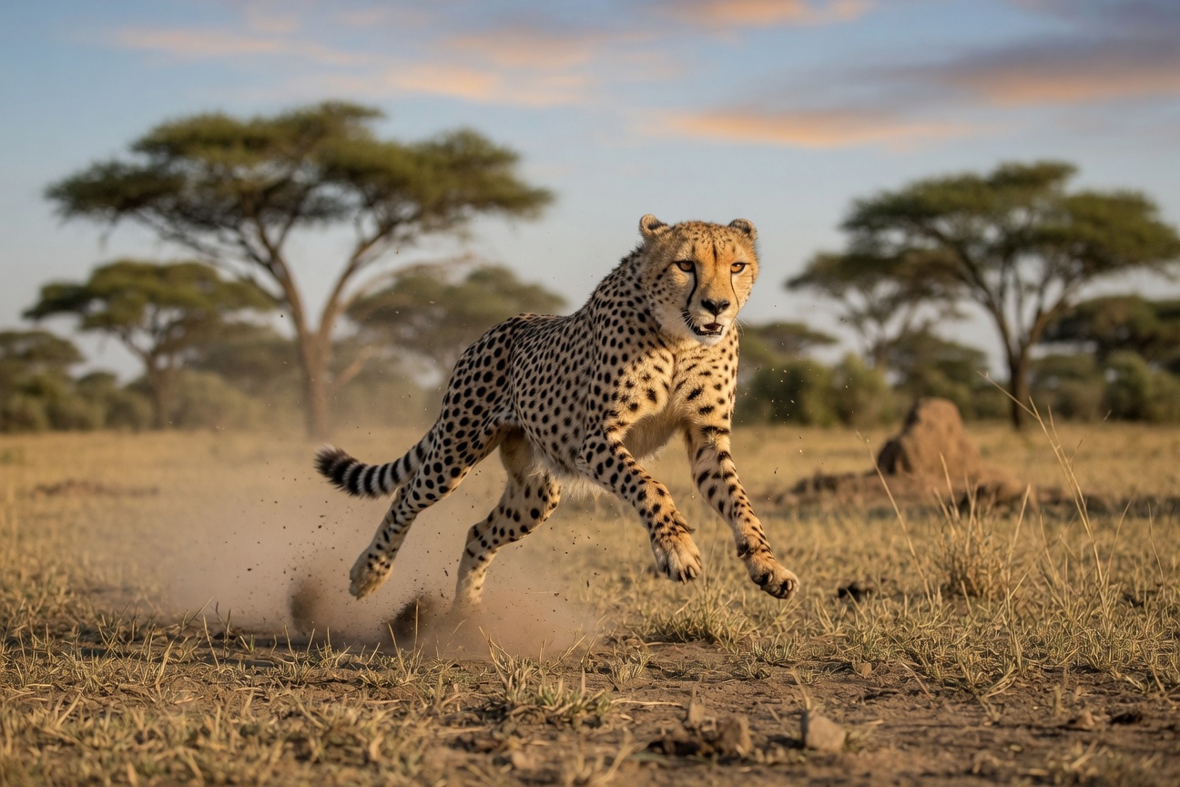 A cheetah sprints across a grassy savanna, kicking up dust, with acacia trees in the background.
