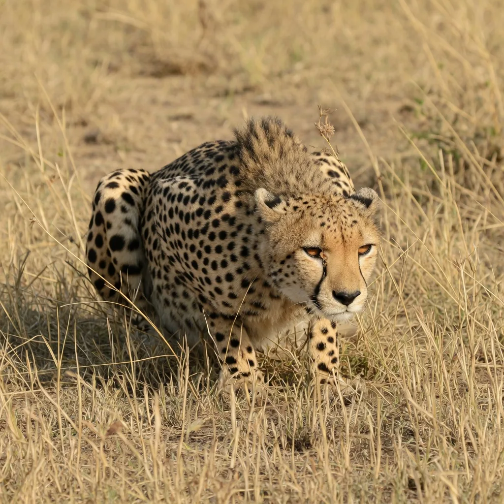 A cheetah crouching low in savanna grass, stalking its prey