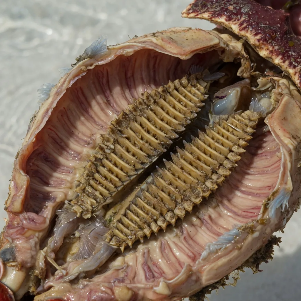 Detailed illustration of a crab's gastric mill, the muscular, toothed stomach used to grind food