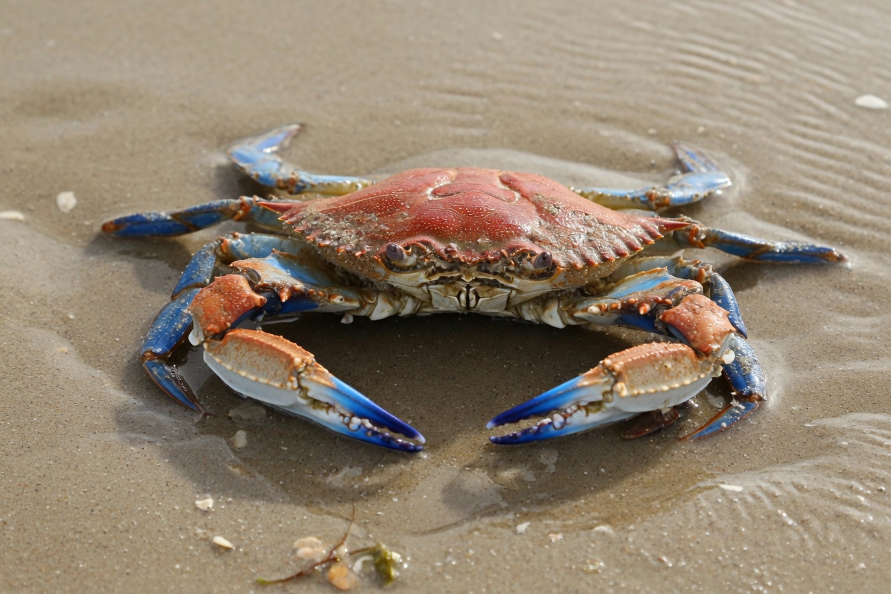 A blue crab with a reddish-brown shell and blue legs rests on wet sand.