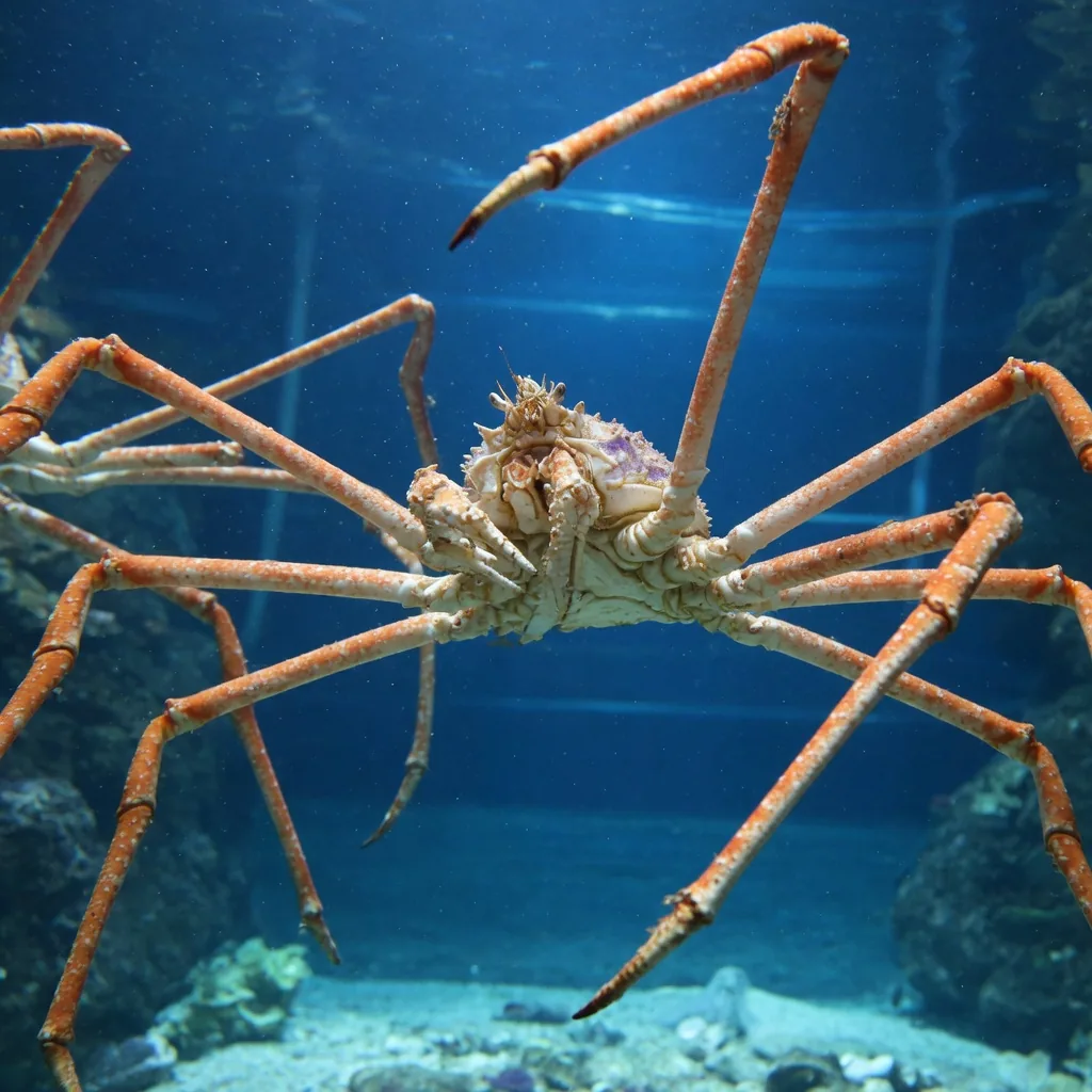 A Japanese Spider Crab in an aquarium, its enormous spindly legs spanning the width of the frame