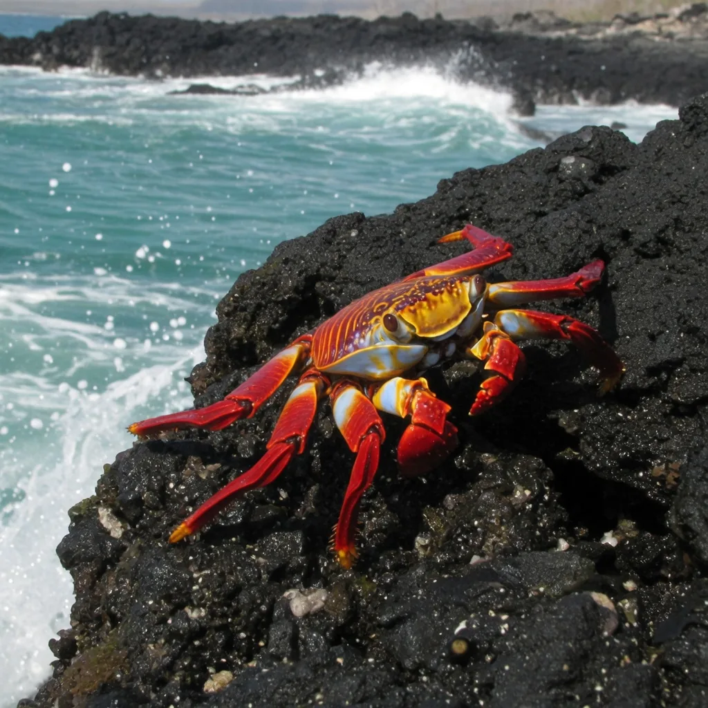 A Sally Lightfoot crab on black volcanic rock, its vivid red, orange and yellow shell gleaming in sunlight