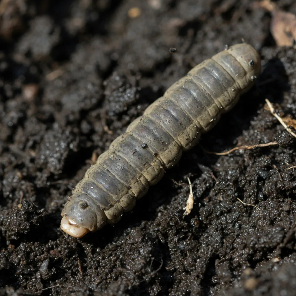 A crane fly larva (leatherjacket) on dark moist garden soil, showing its grayish-brown cylindrical legless body