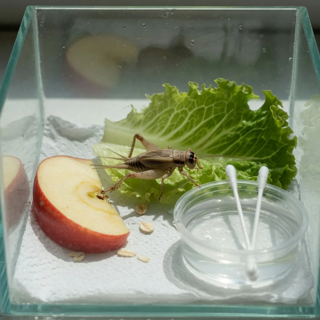 A pet cricket in a clean terrarium with fresh vegetables and water