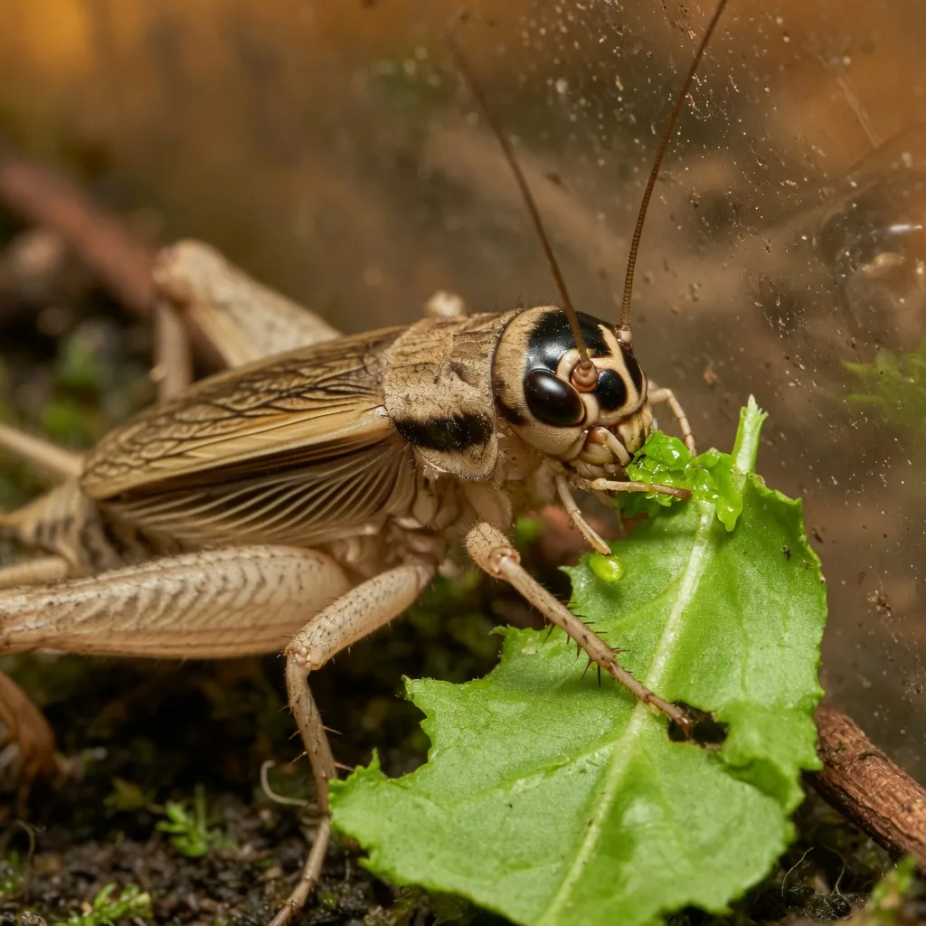 A house cricket eating a green leaf, showing its strong mouthparts
