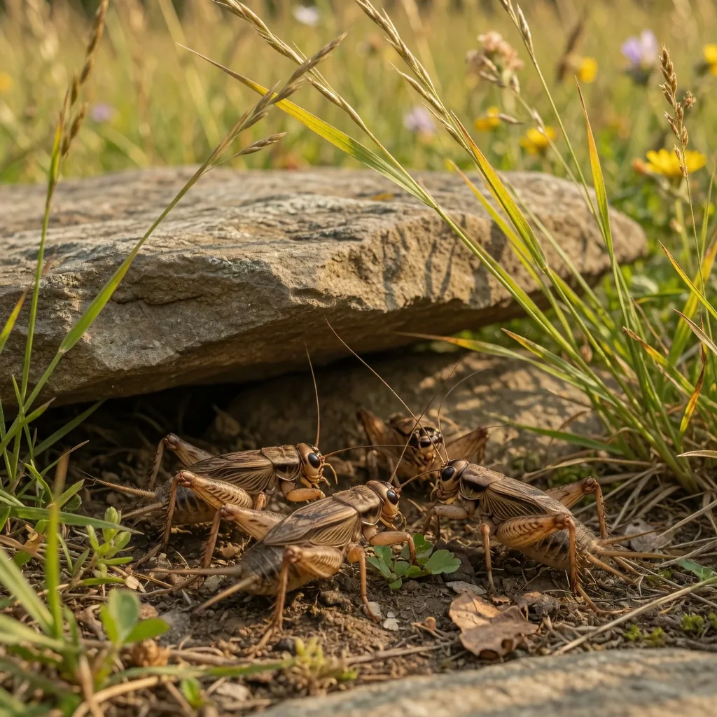 House crickets resting under a rock in a meadow