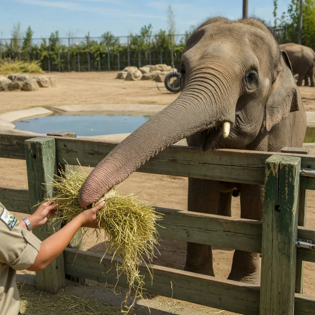 Zoo elephant taking hay from a keeper over a wooden fence