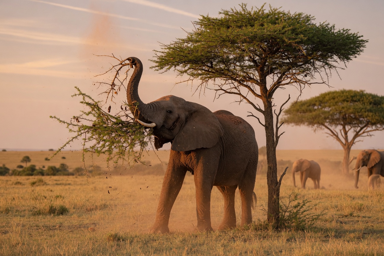 An elephant pulls a leafy branch from an acacia tree in a grassy savanna with other elephants in the background.