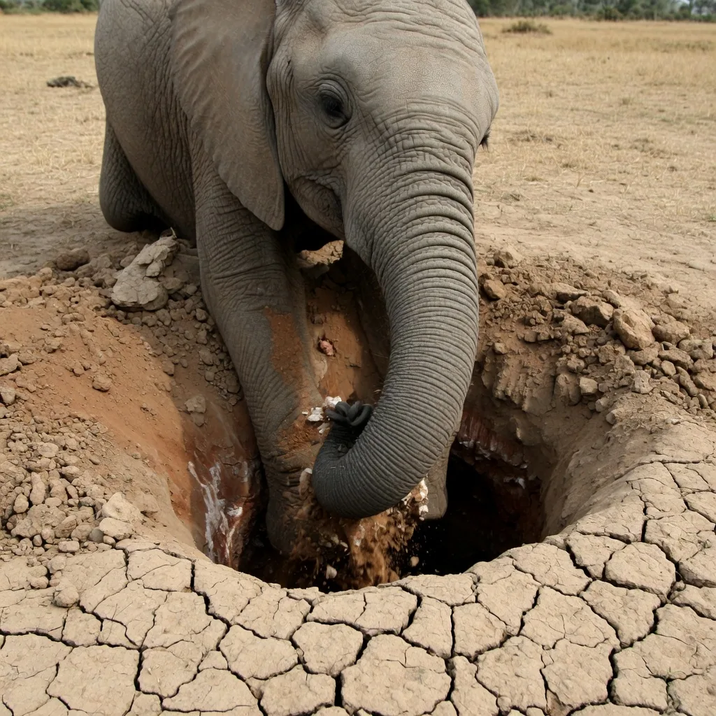 Elephant using its trunk to dig in dry earth searching for minerals