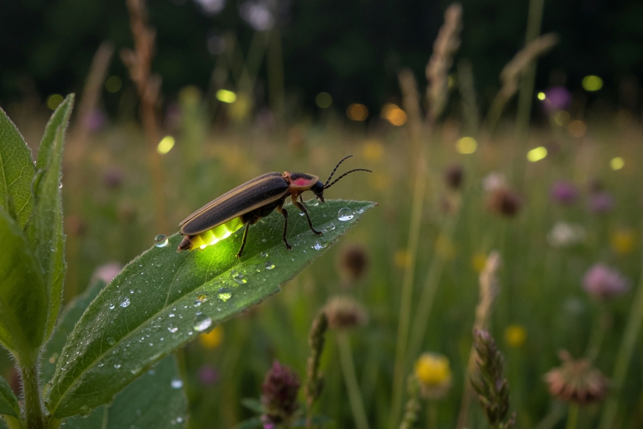 A glowing firefly perches on a wet leaf in a meadow with other lights visible in the background.