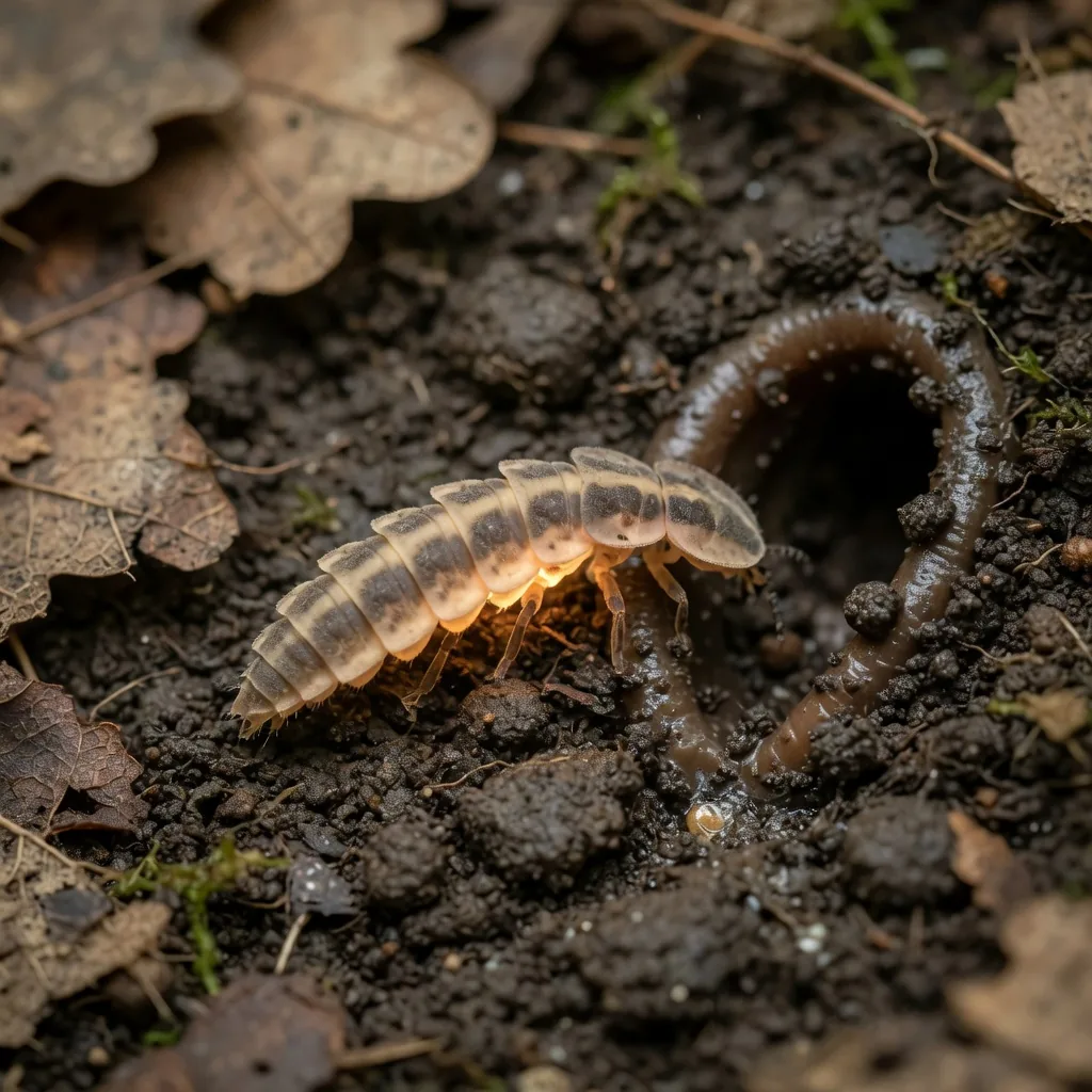 A firefly larva (glow worm) on dark moist soil, showing its faint bioluminescent glow