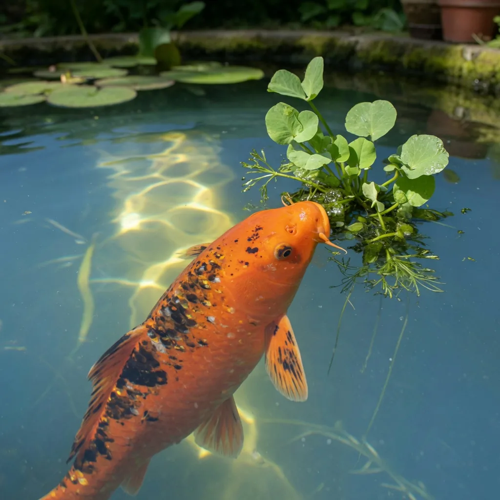 A bright orange koi fish eating plants near the surface of a garden pond