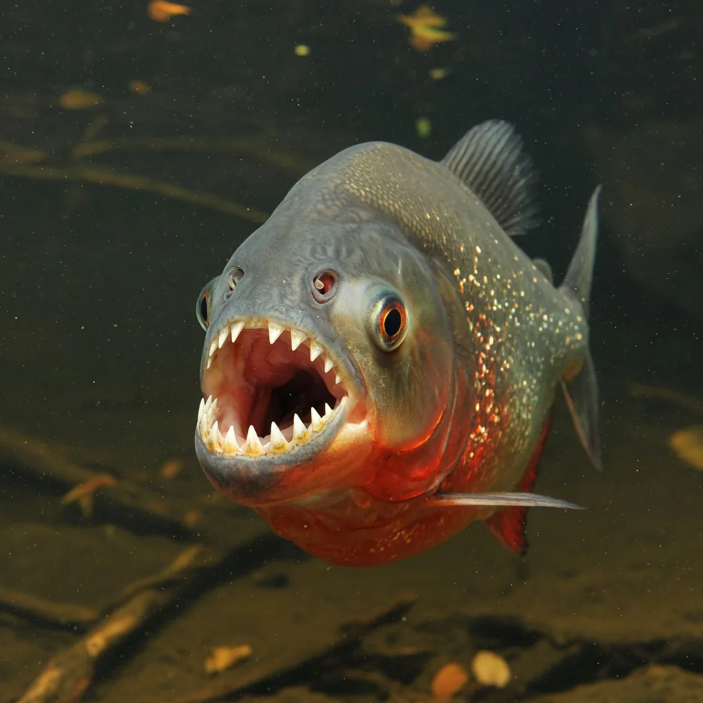 A red-bellied piranha showing its sharp teeth, an example of a carnivorous fish