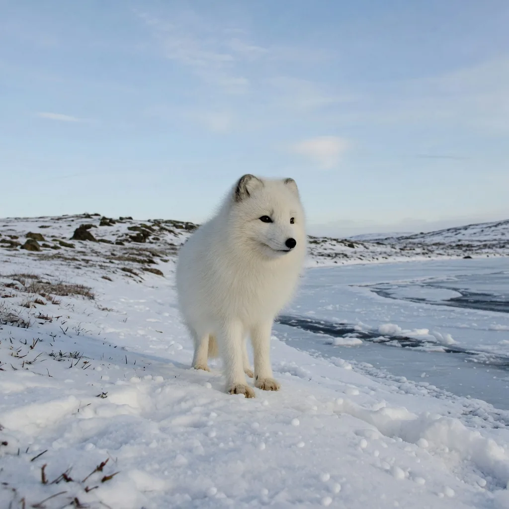 An arctic fox in its thick white winter coat standing on snow-covered tundra