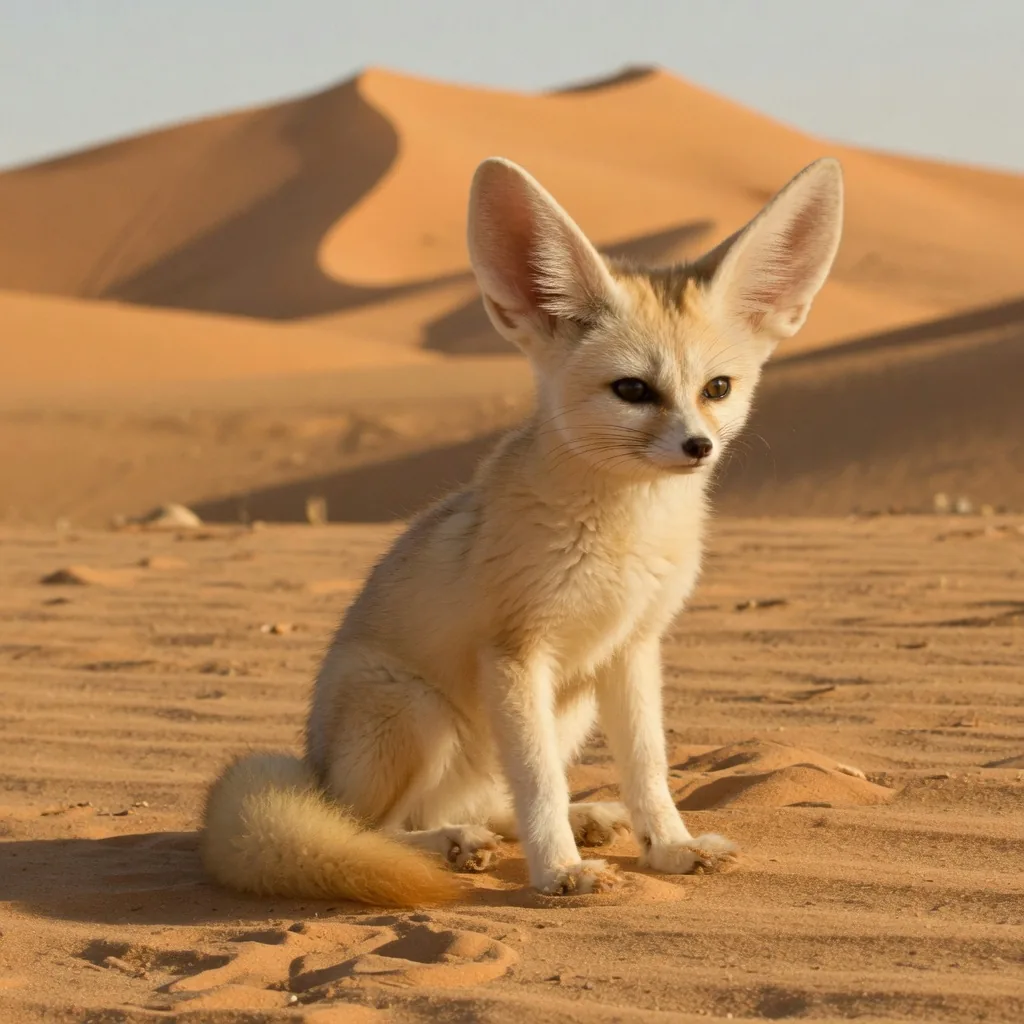 A fennec fox with enormous ears sitting in desert sand