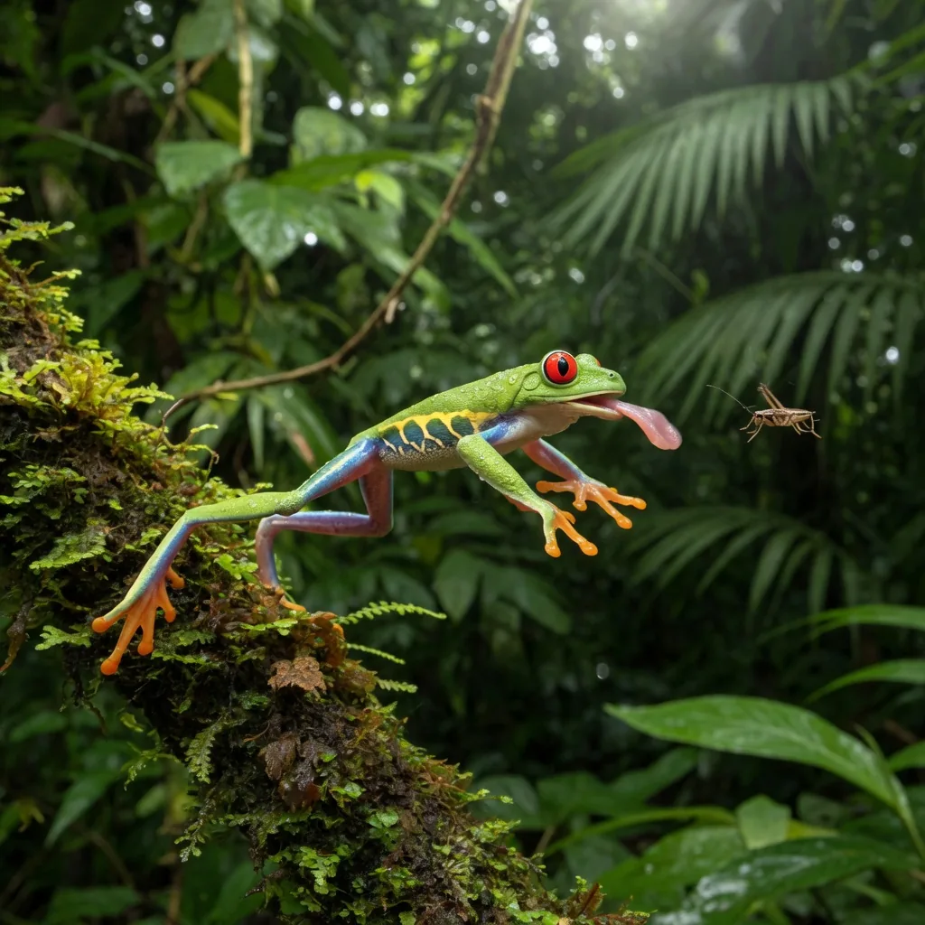 A red-eyed tree frog leaping to catch a cricket, tongue extended