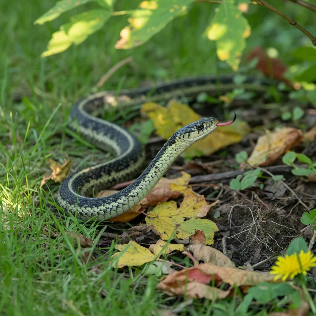 A garter snake with tongue flickering, hunting through garden grass and leaf litter in morning light
