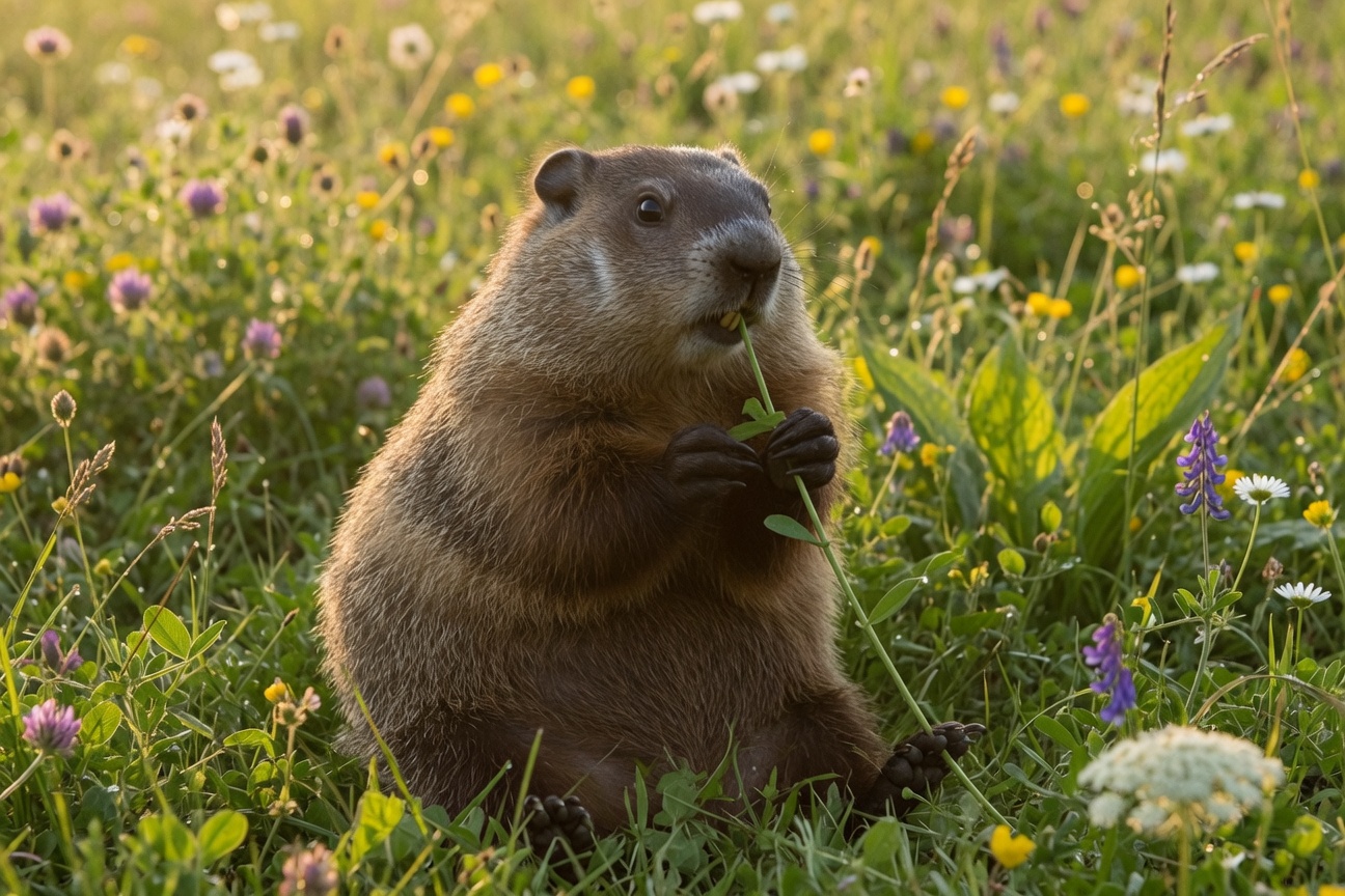 A groundhog sits in a field of wildflowers, holding a green plant stem in its paws as it eats.