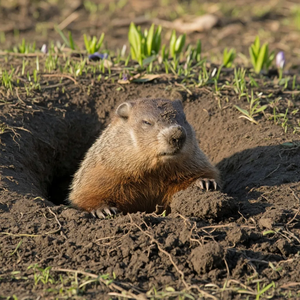 A groundhog poking its head out of its burrow entrance on an early spring morning, fresh green shoots in the background.