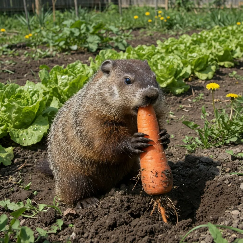 A groundhog clutching a freshly pulled carrot in a vegetable garden, brown fur, dark eyes.