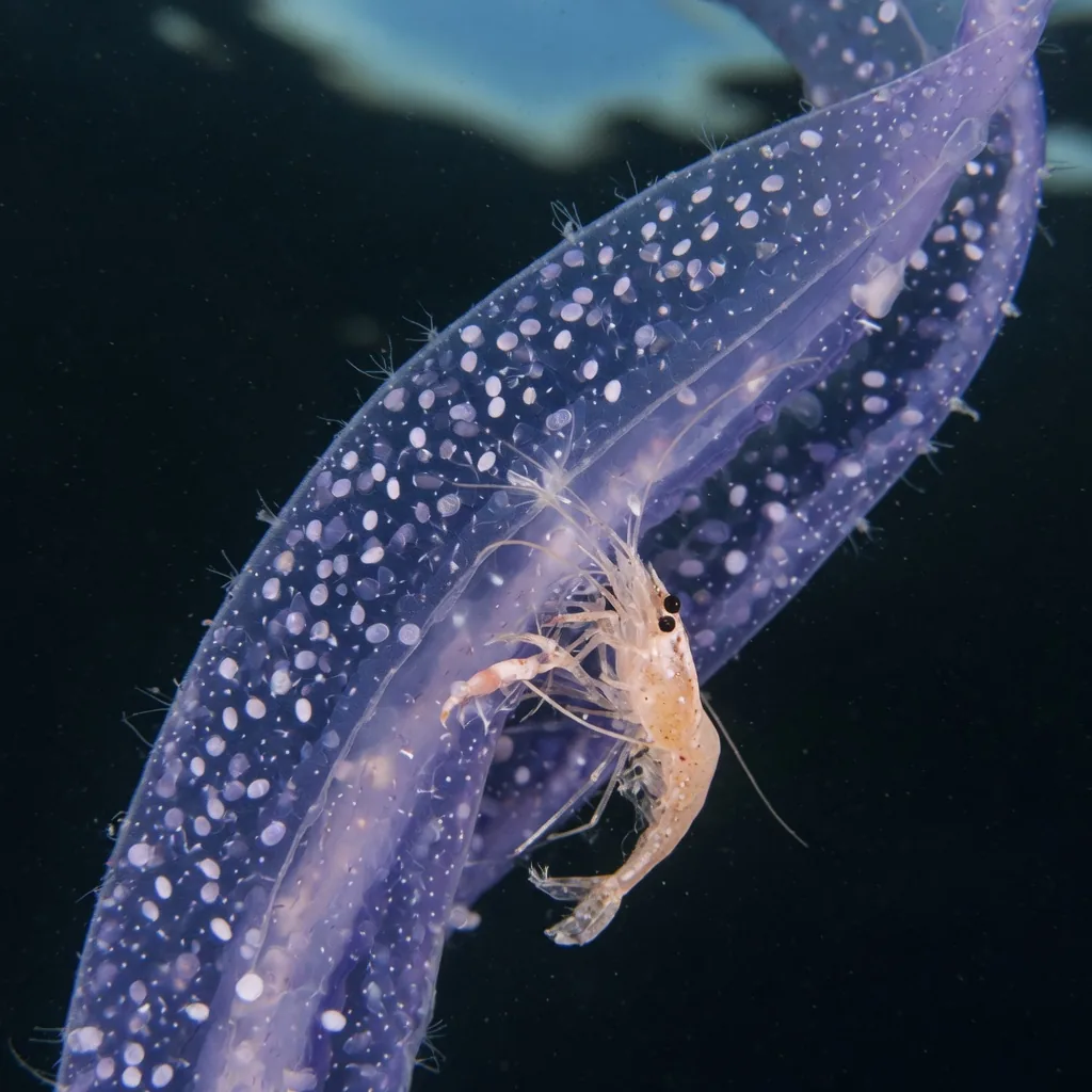 Close-up of jellyfish tentacles with nematocyst cells and a small shrimp trapped in the stinging filaments