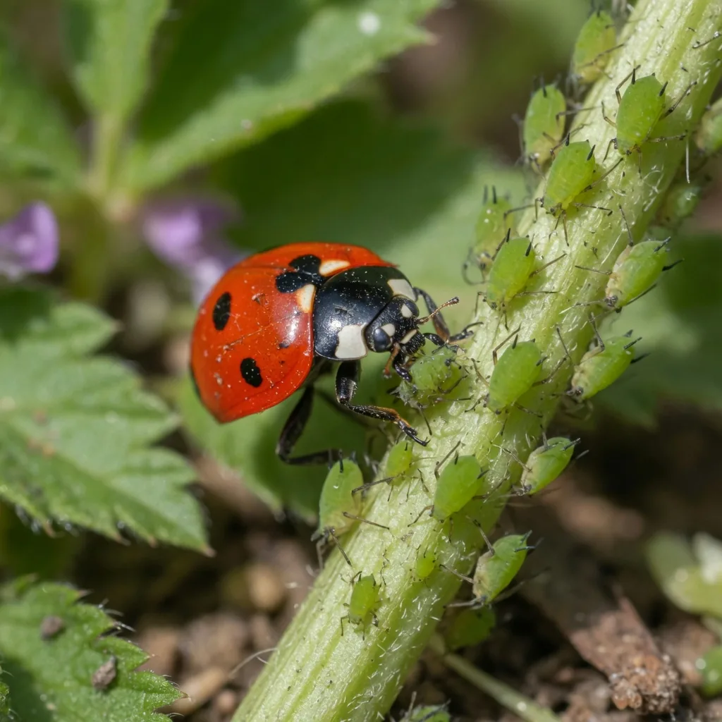 A red ladybug feeding on a cluster of green aphids on a plant stem
