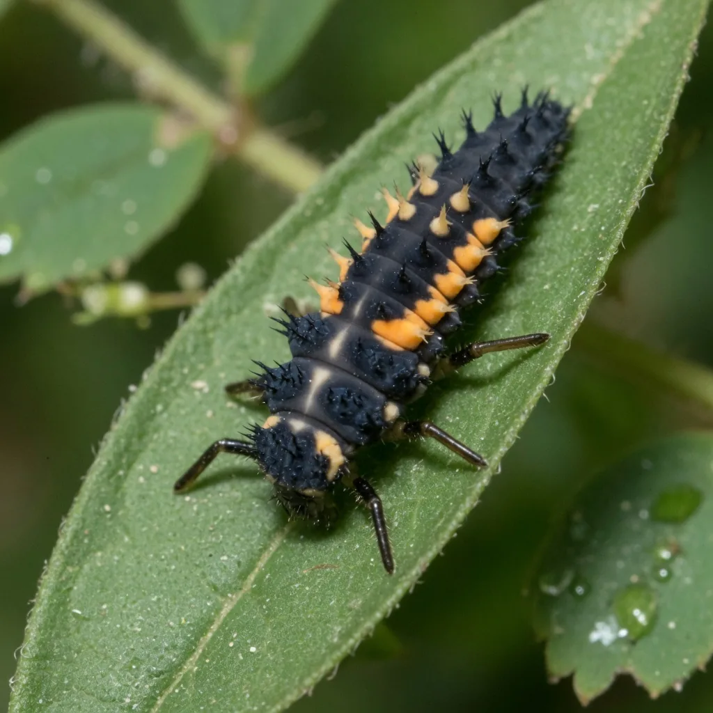 A black ladybug larva with orange markings crawling on a leaf