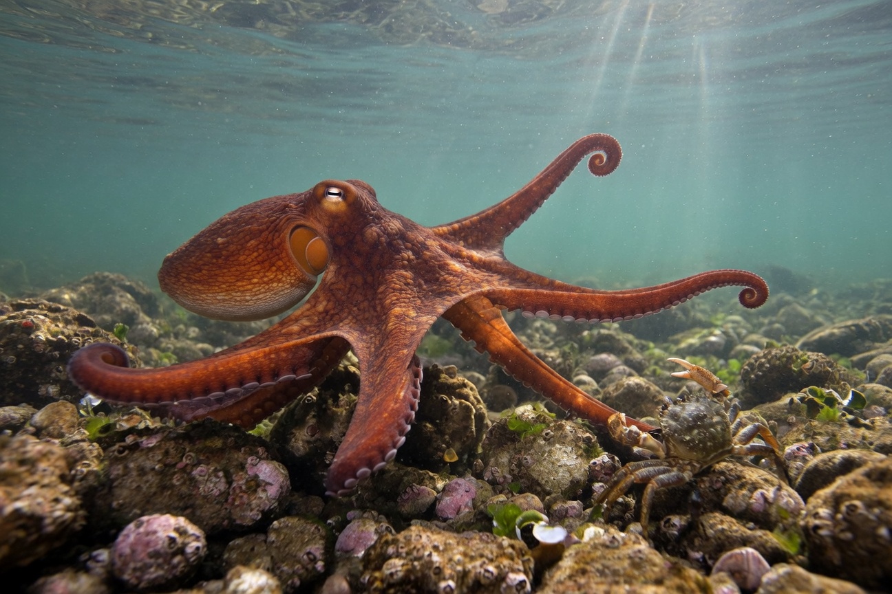 A reddish-brown octopus swims over a rocky underwater seabed near a small crab.