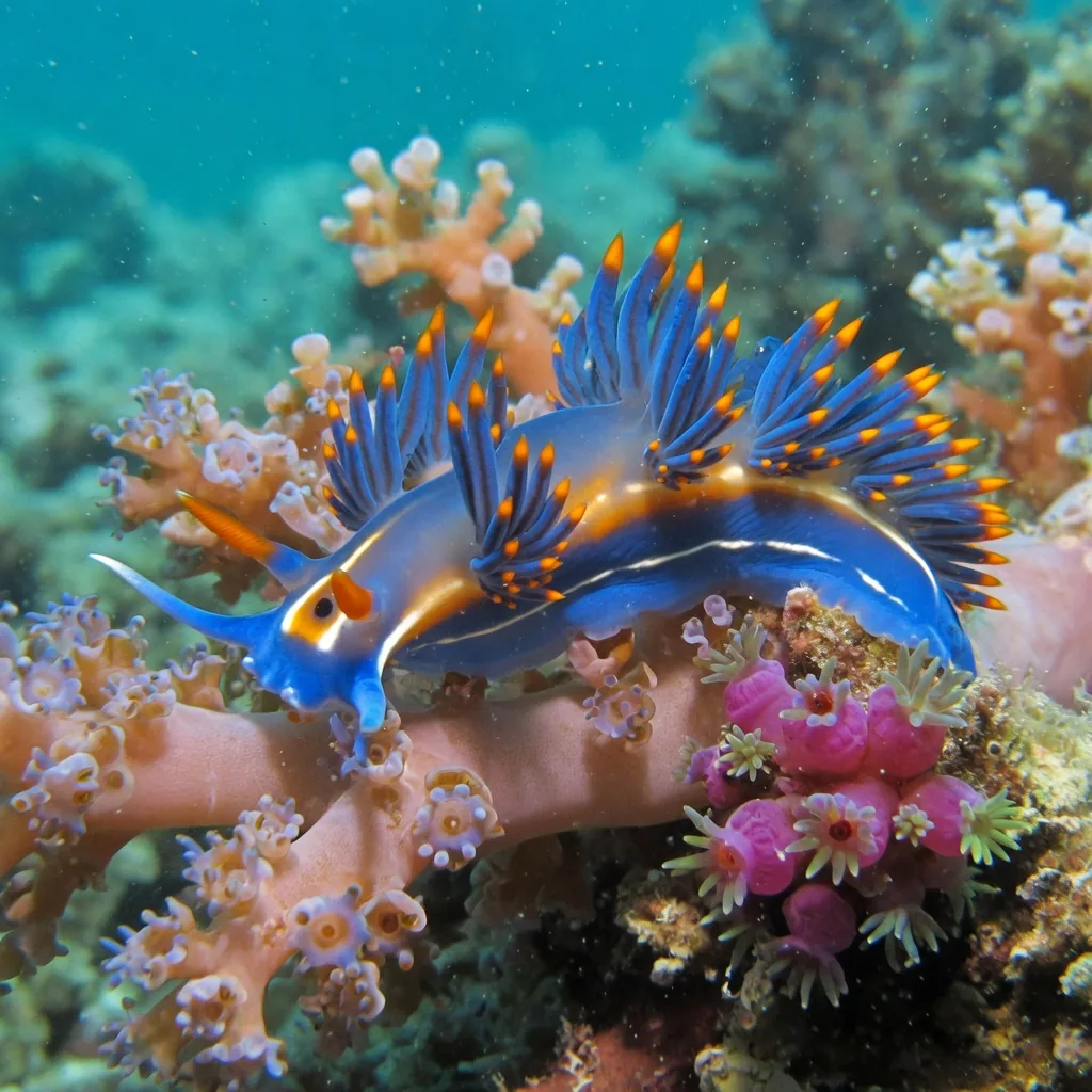 A vividly colored nudibranch sea slug on a coral reef