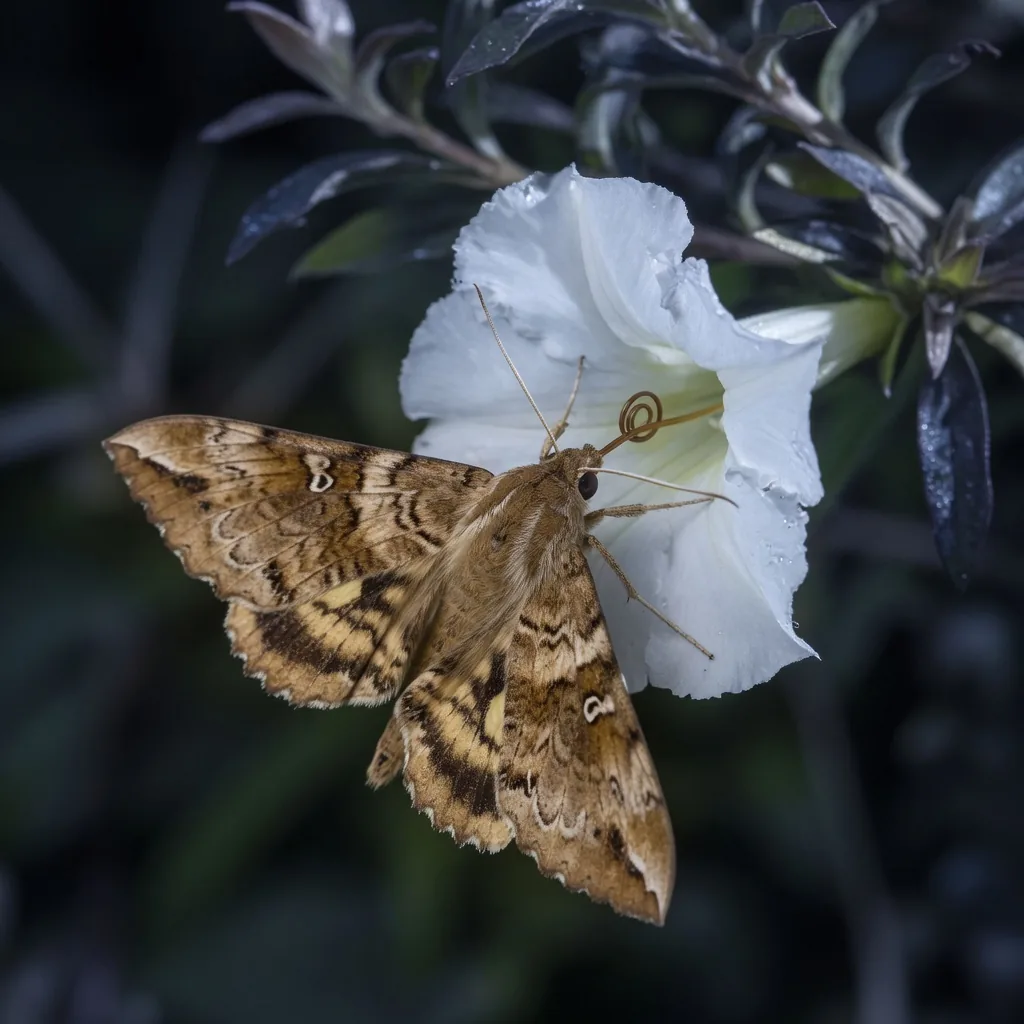 An adult moth feeding at night, its proboscis extended into a white flower