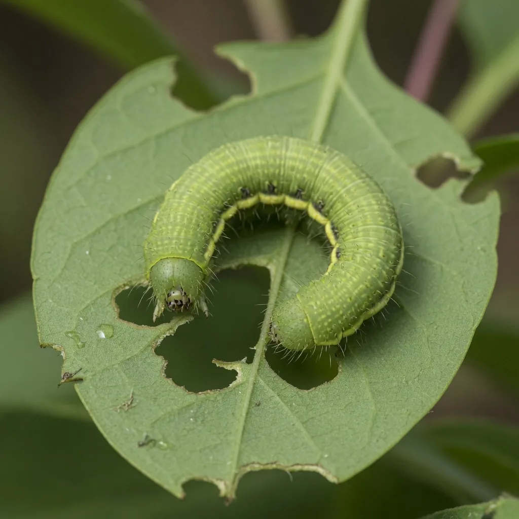 A moth caterpillar feeding on a green leaf, showing bite marks on the surface