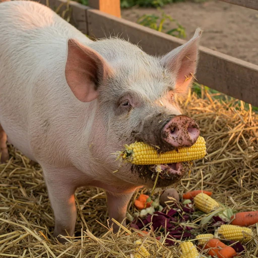 A domestic pig eating corn cobs and vegetables in a farm enclosure, mud on its snout, straw on the ground.