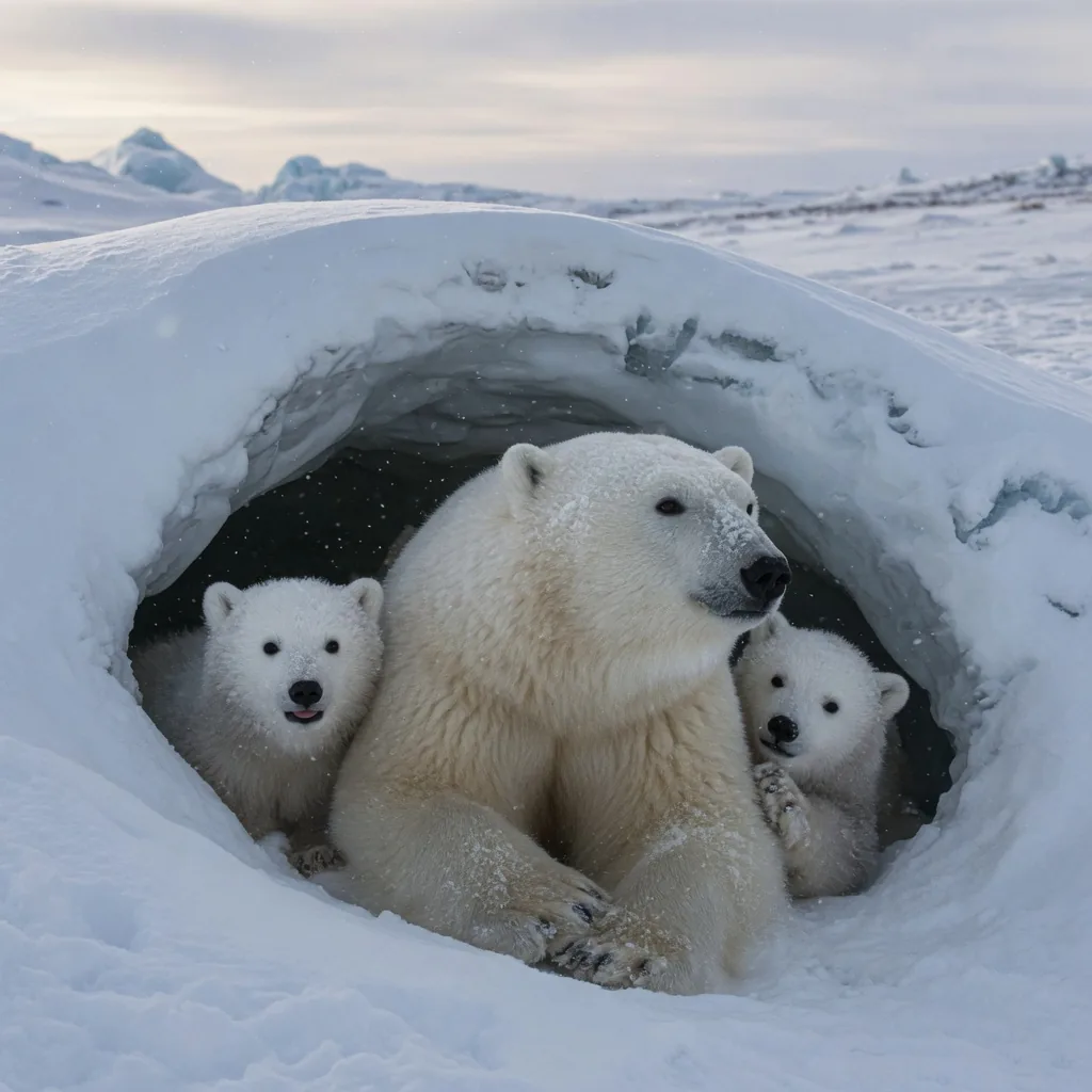 A polar bear mother with two small white cubs at the entrance of their snowy den