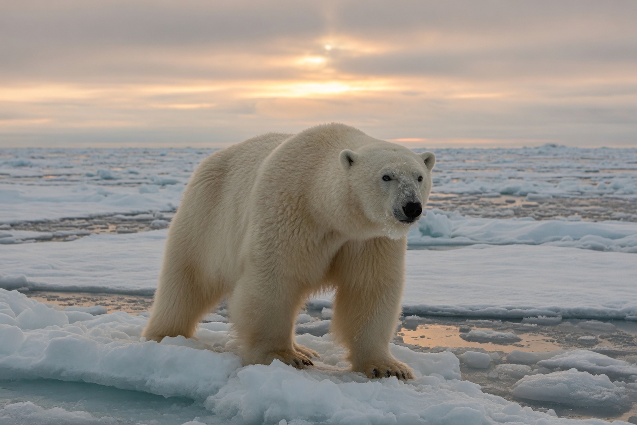 A polar bear stands on floating ice floes with a sunset sky in the background.