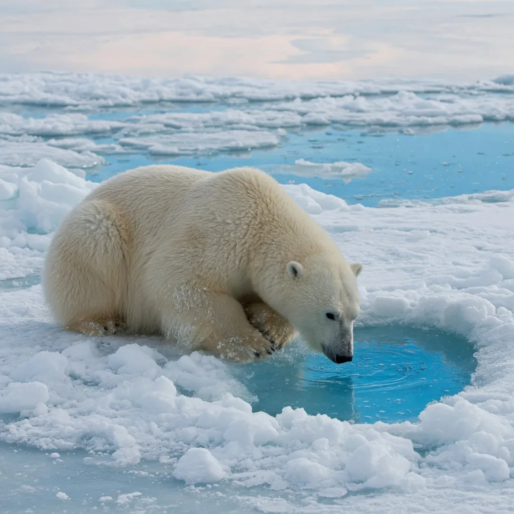 A polar bear crouched low beside a small breathing hole in sea ice, waiting for a seal to surface