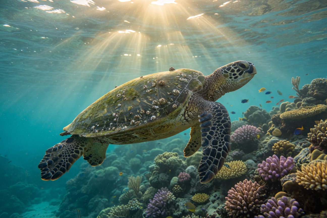 A sea turtle with barnacles on its shell swims over a vibrant coral reef in sunlit blue water.