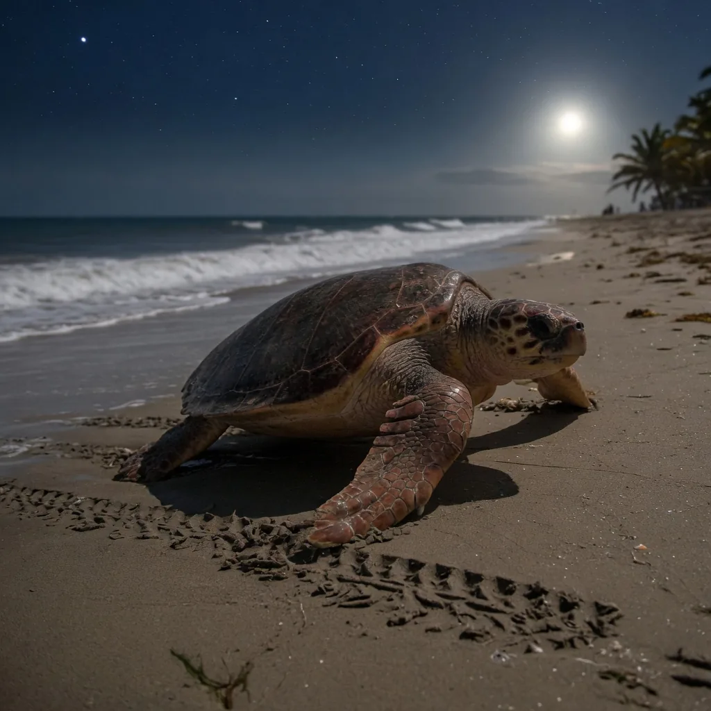 A sea turtle crawling up a moonlit beach to lay eggs