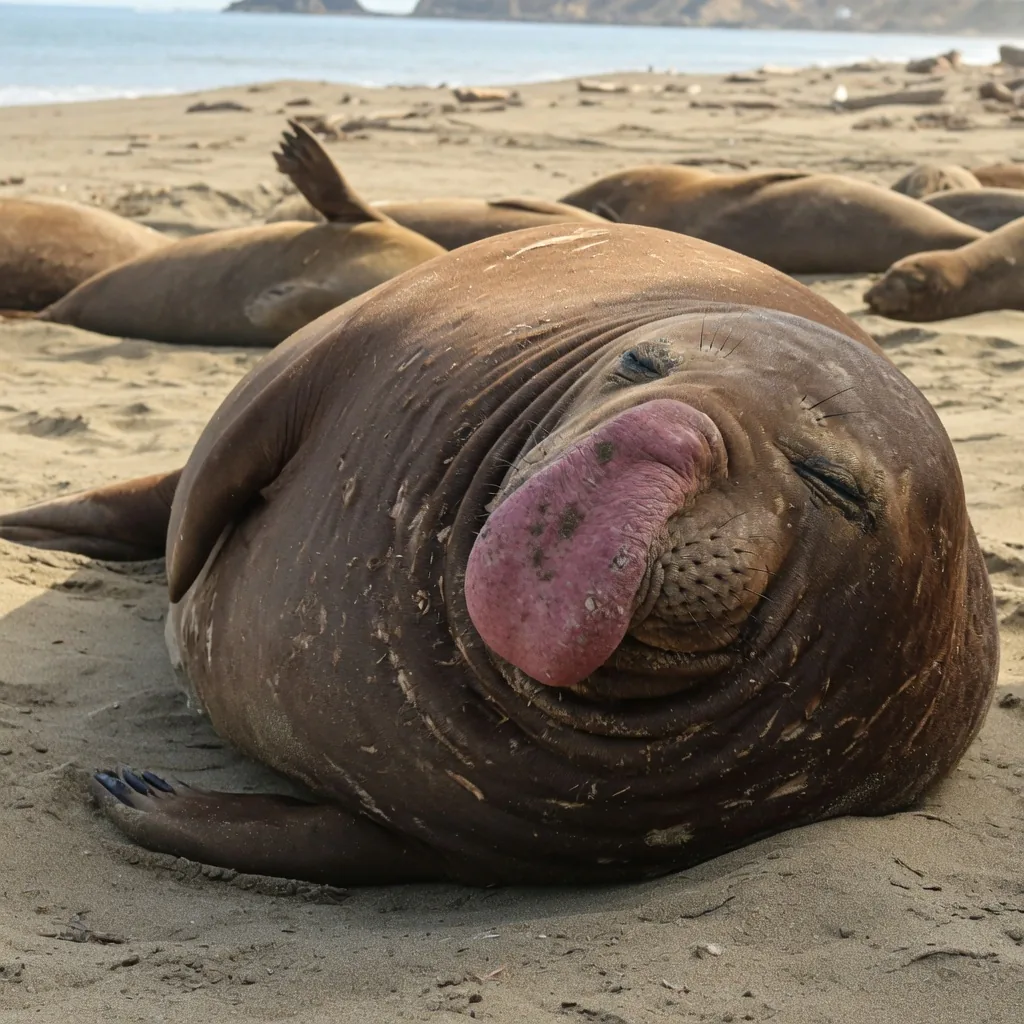 A massive male elephant seal hauled out on a California beach, enormous inflated nose, thick wrinkled skin