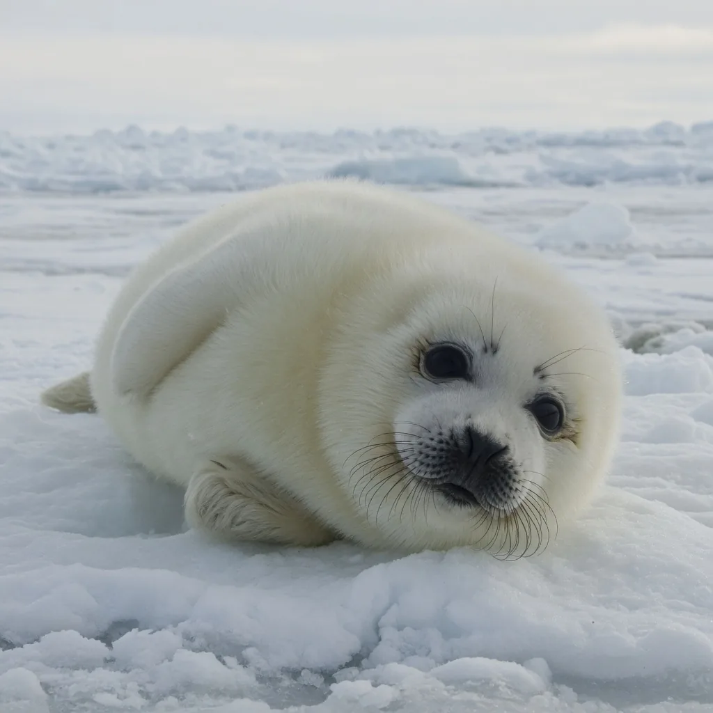 A harp seal pup with white fluffy coat resting on Arctic sea ice