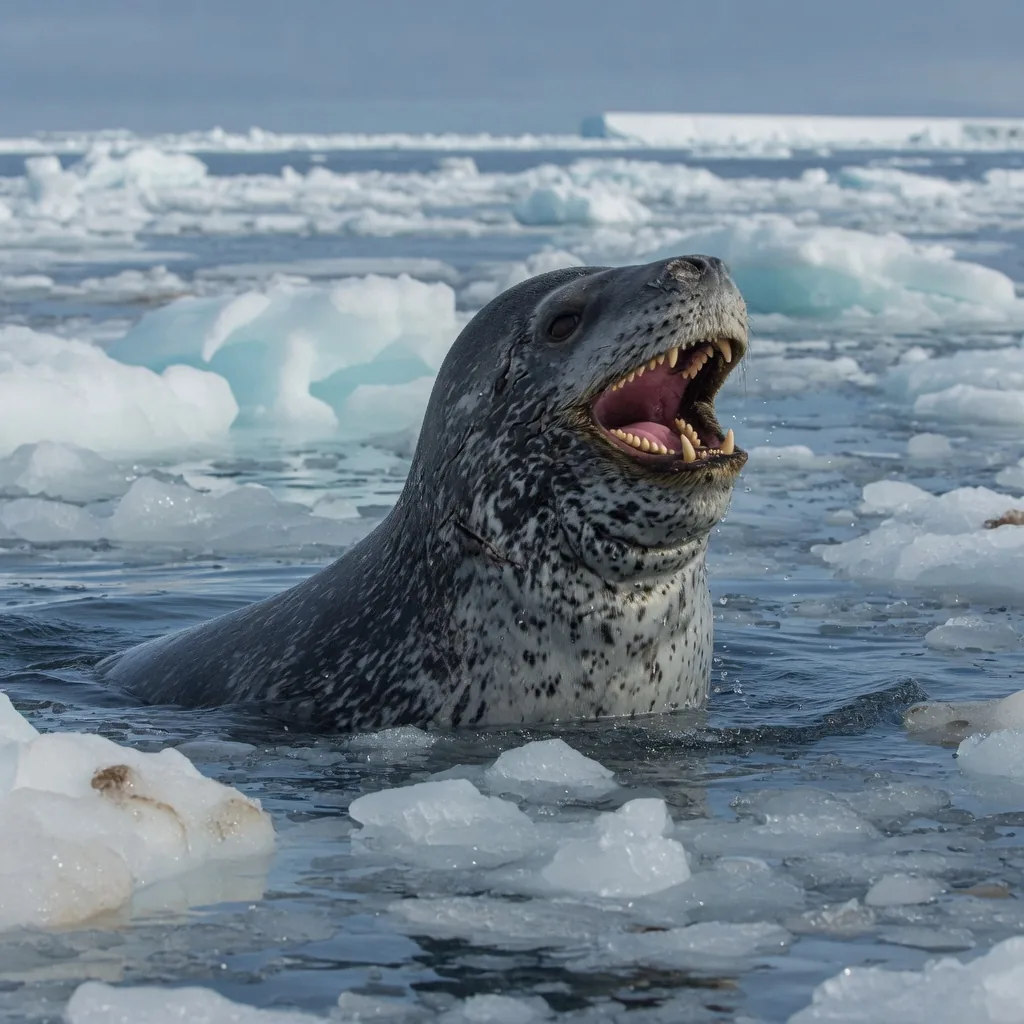 A leopard seal in frigid Antarctic water, spotted body and wide jaw showing sharp teeth