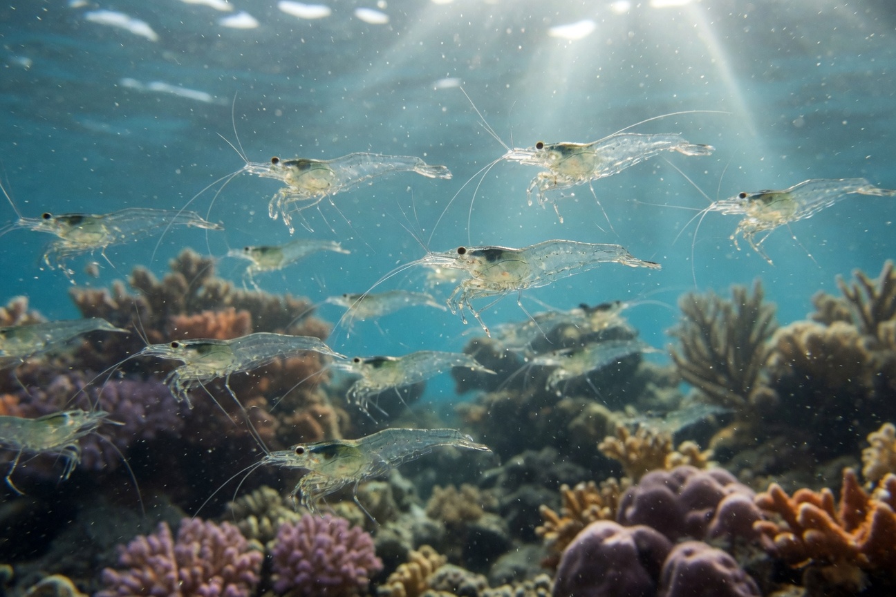 A school of translucent shrimp swims in blue water above a colorful coral reef with sunlight filtering from the surface.