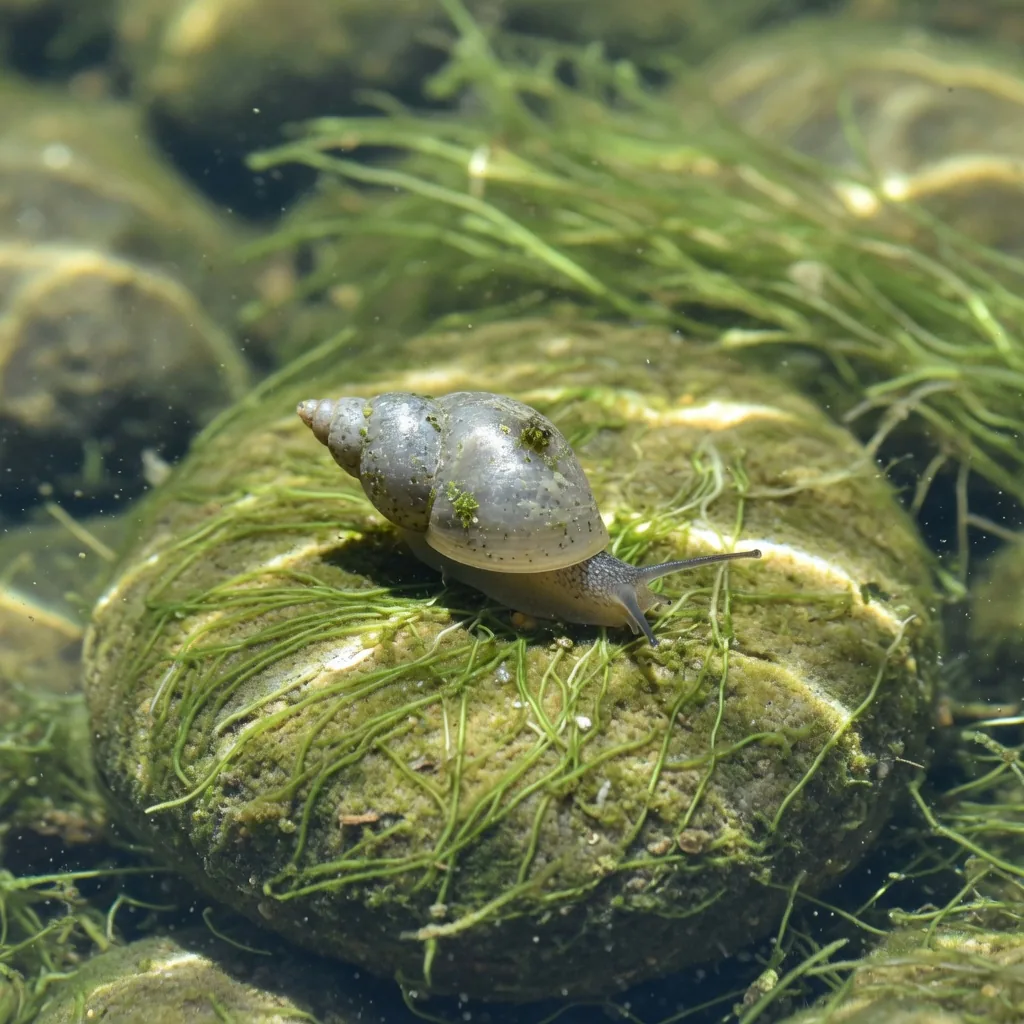 A freshwater aquatic snail on an algae-covered rock in a clear stream