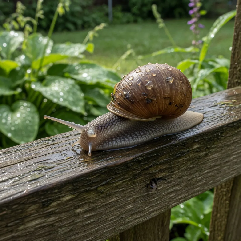A garden snail with a spiral brown shell crawling on a wet wooden fence in a garden
